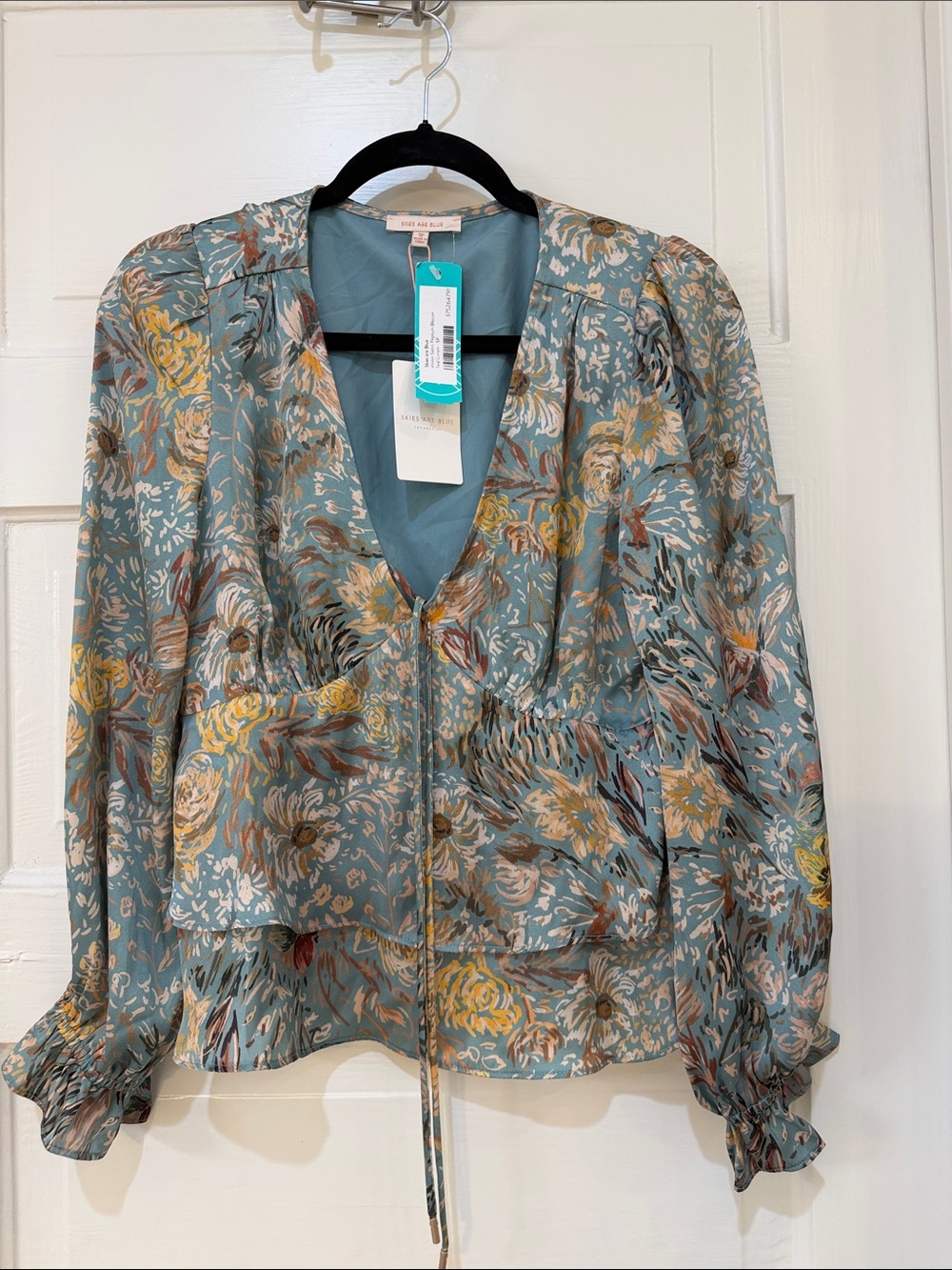 Skies Are Blue Teal Floral Tie-Front Peplum blouse